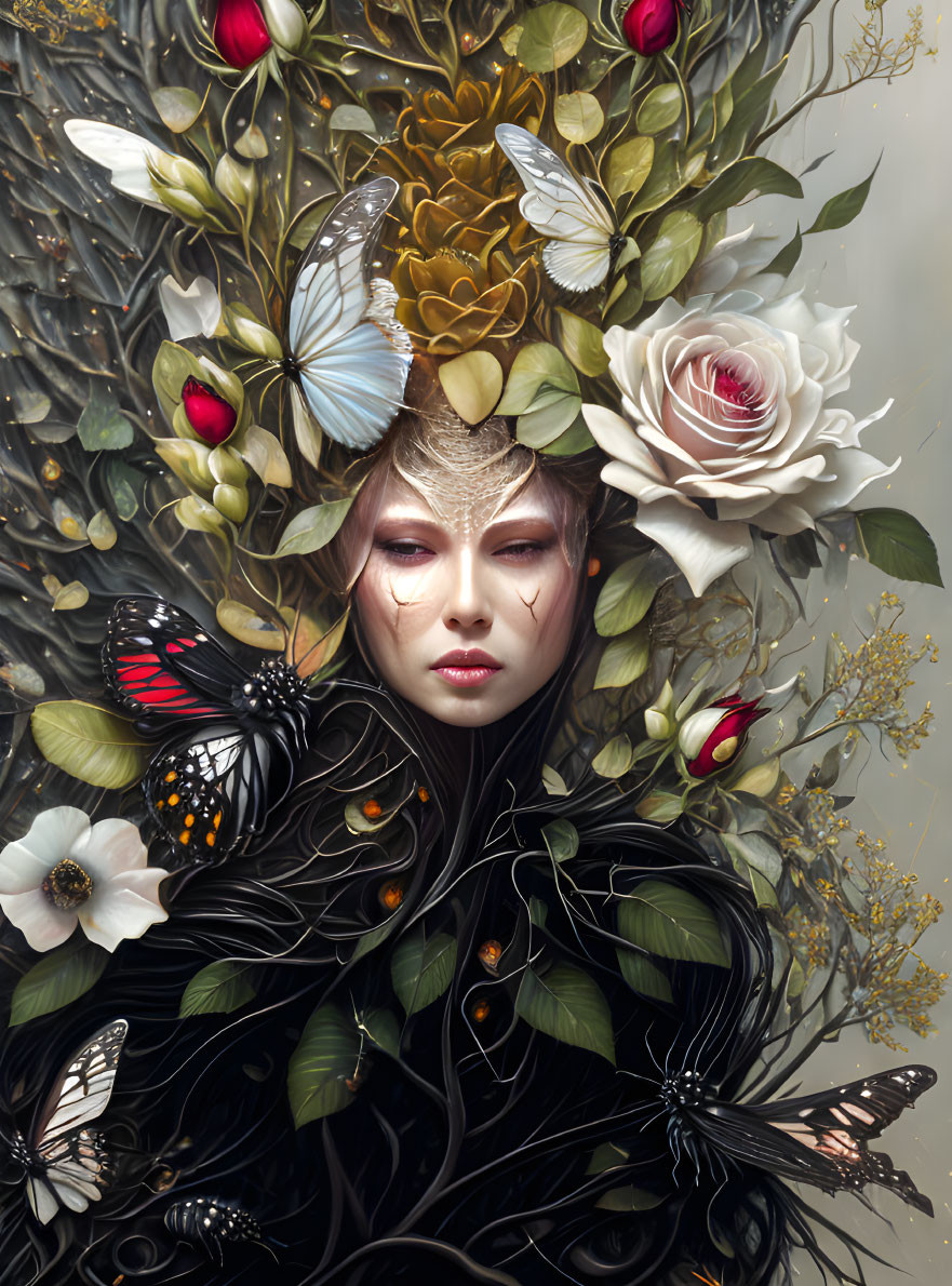 Woman's surreal portrait with floral elements and butterflies for a mystical, nature-inspired look