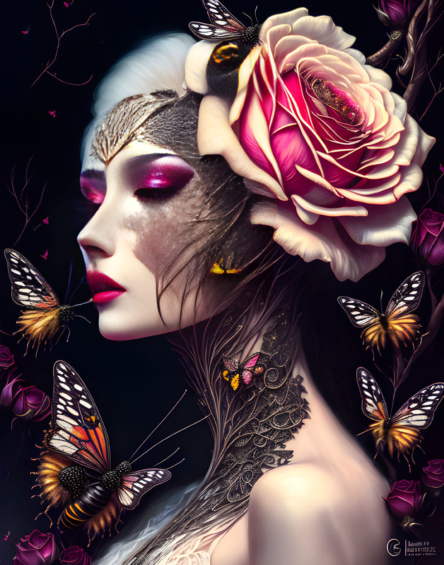 Stylized portrait with artistic makeup and dark background