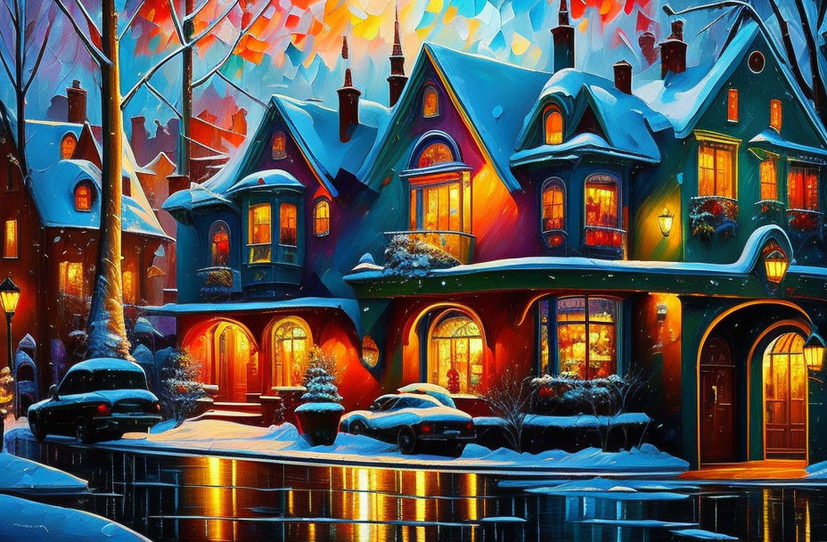 Snow-Covered Houses in Festive Winter Scene