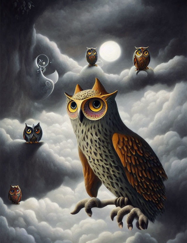 Stylized painting of five owls under full moon