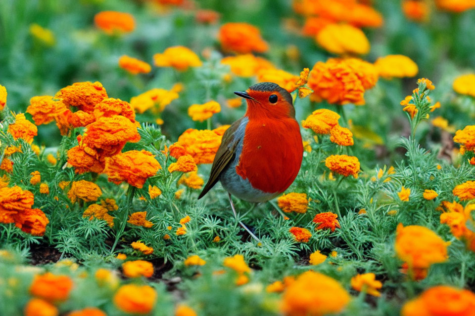 Colorful Bird Perched Among Marigold Flowers