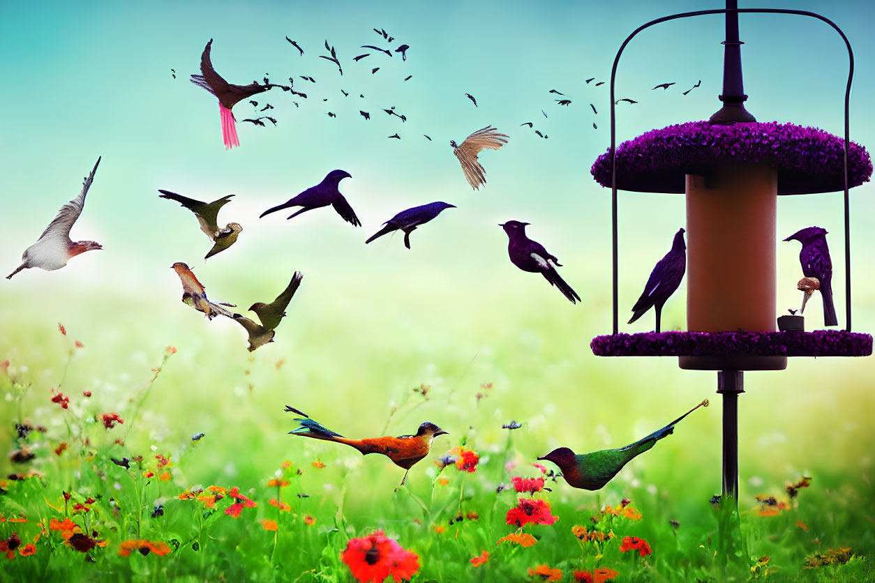 Colorful Birds Flocking Around Feeder in Lush Garden