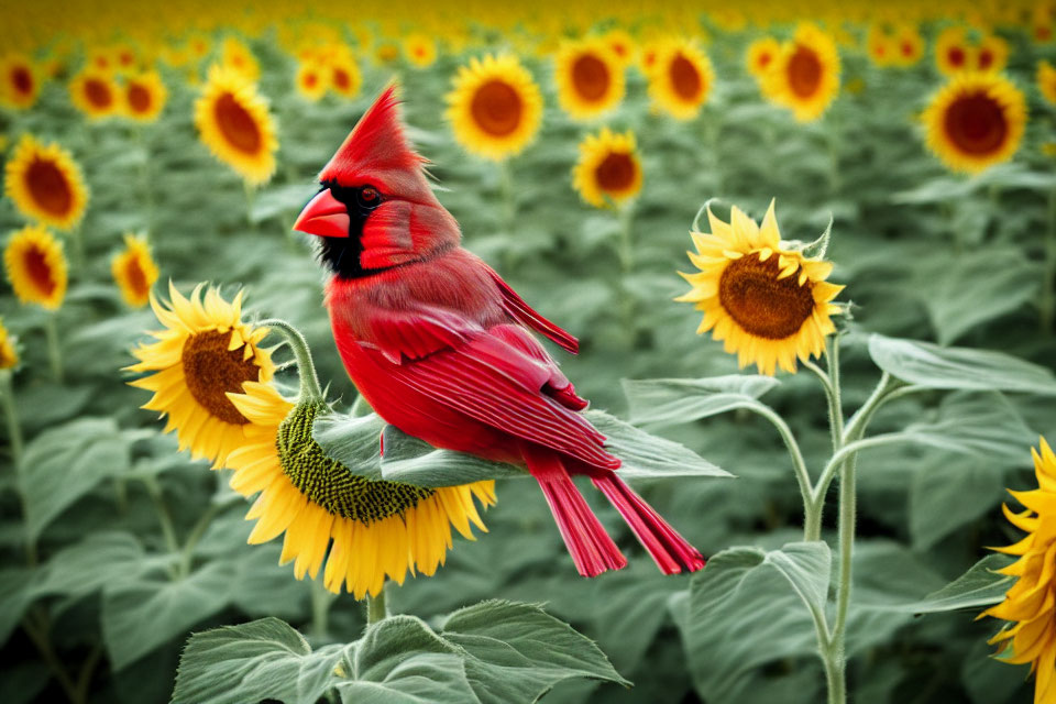 Red cardinal on sunflower in vibrant field with selective color treatment