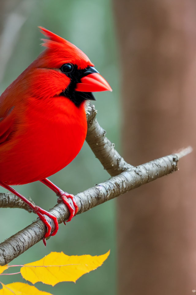 Colorful Red Cardinal on Branch with Green Background and Yellow Leaf