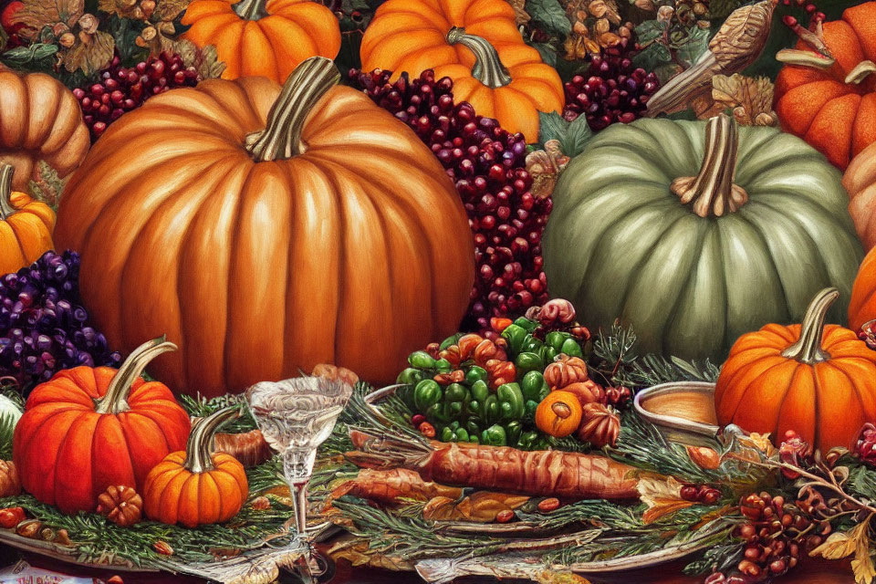 Autumn Harvest Vegetables Still Life with Pumpkins, Berries, Corn, Peppers, and