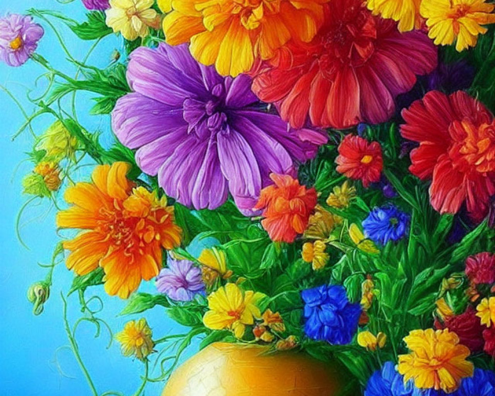 Colorful Flower Bouquet in Yellow Vase on Blue Background