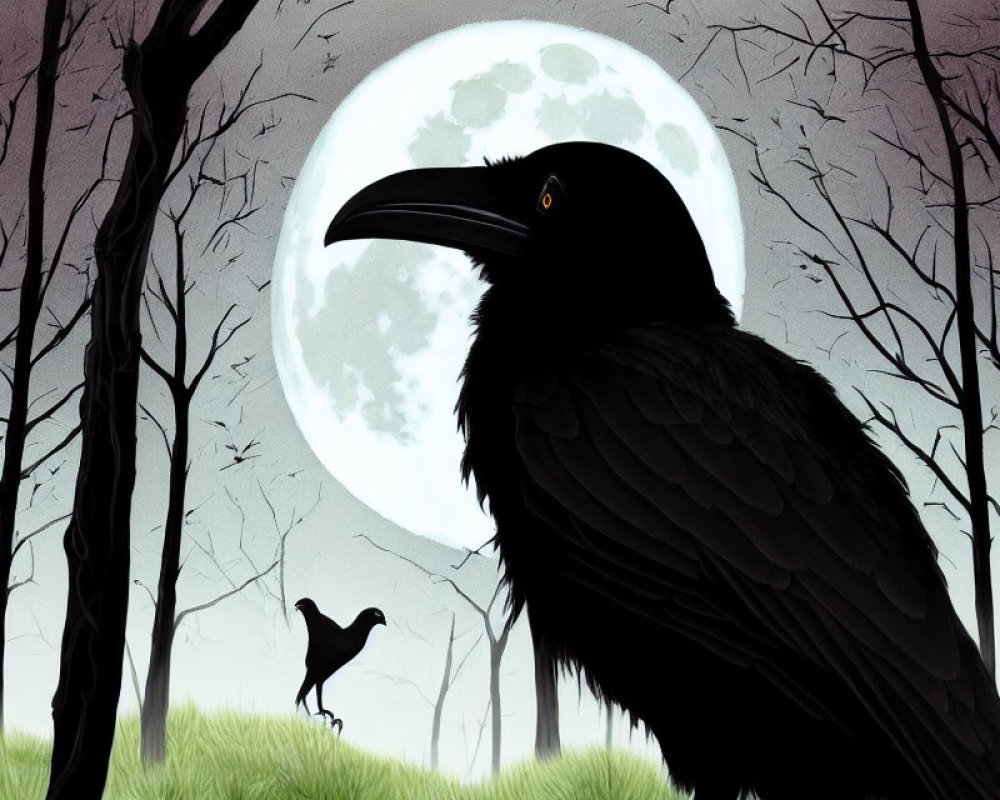 Mystical full moon scene with large and small ravens