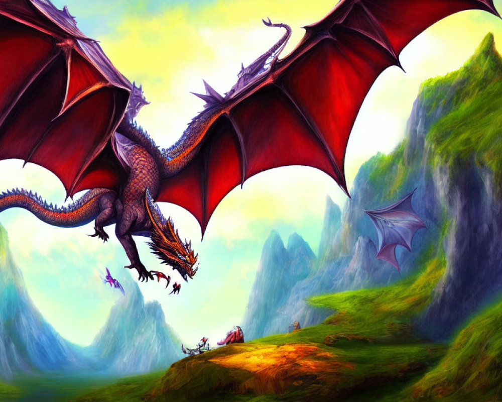 Red dragon landing in lush valley with mountains & flying dragons