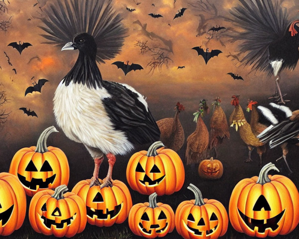 Monochrome bird on pumpkins with bats in twilight autumn scene