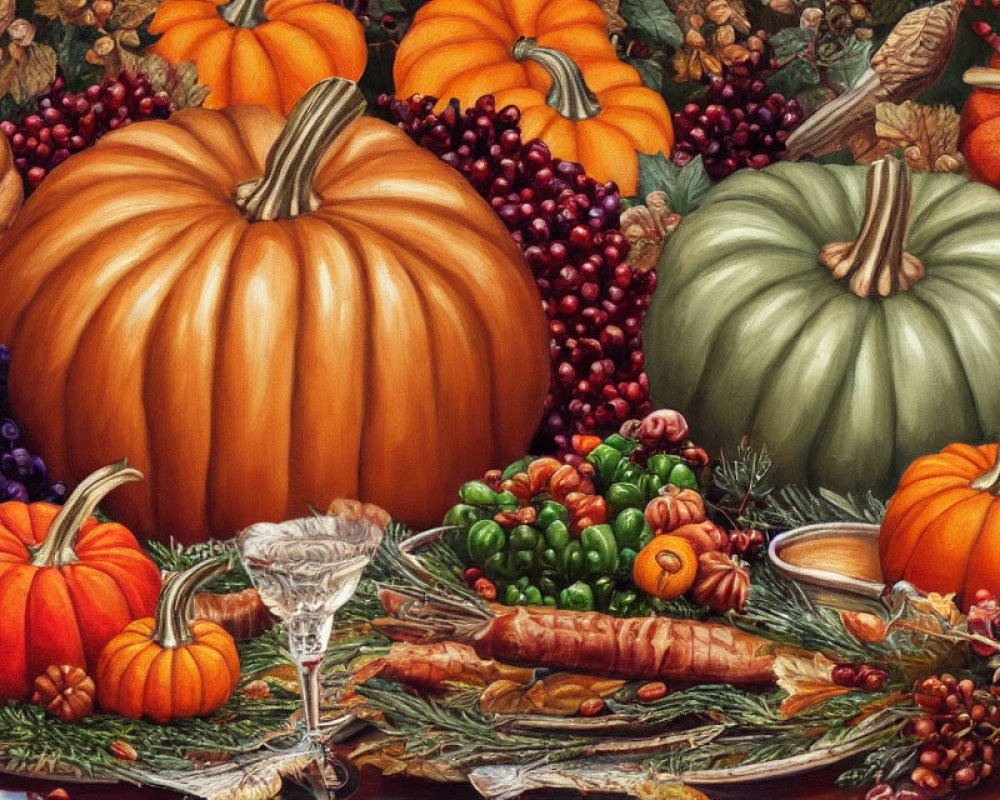 Autumn Harvest Vegetables Still Life with Pumpkins, Berries, Corn, Peppers, and