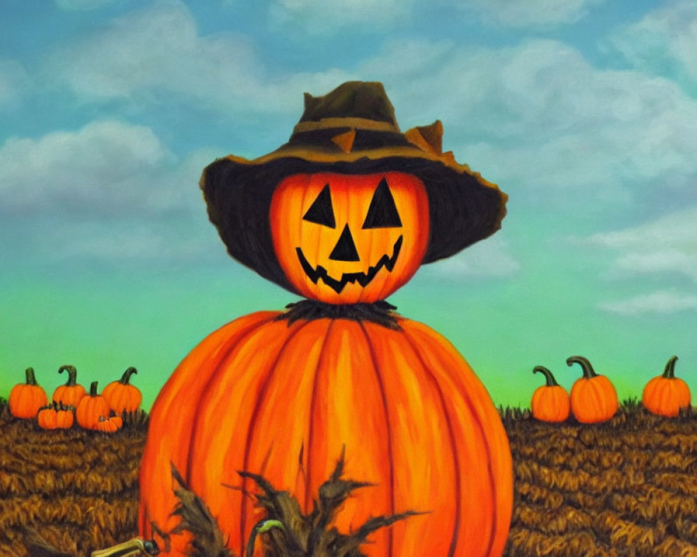 Colorful painting of pumpkin-headed scarecrow in field with pumpkins under cloudy sky