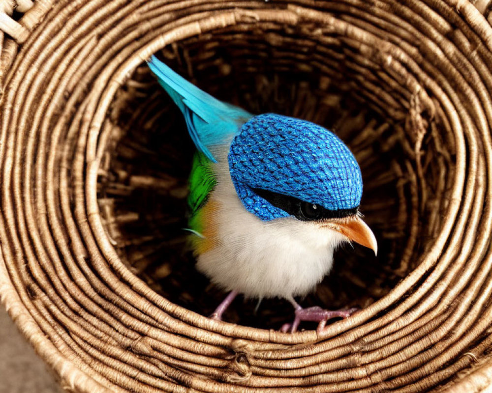 Colorful bird with blue head and green wings in wicker basket