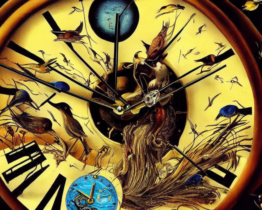 Surreal painting: Melting clock, birds, vivid colors