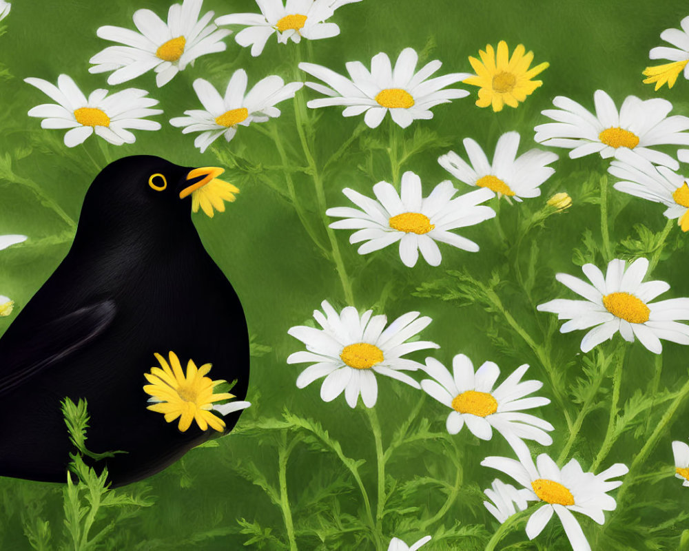 Blackbird surrounded by white daisies on green background