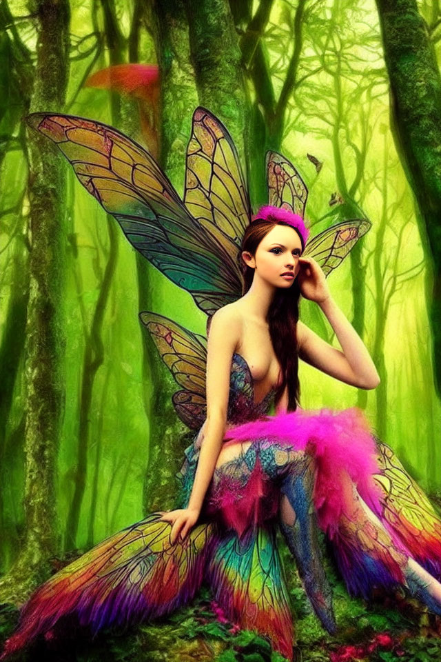 Woman with Vibrant Butterfly Wings in Enchanted Green Forest