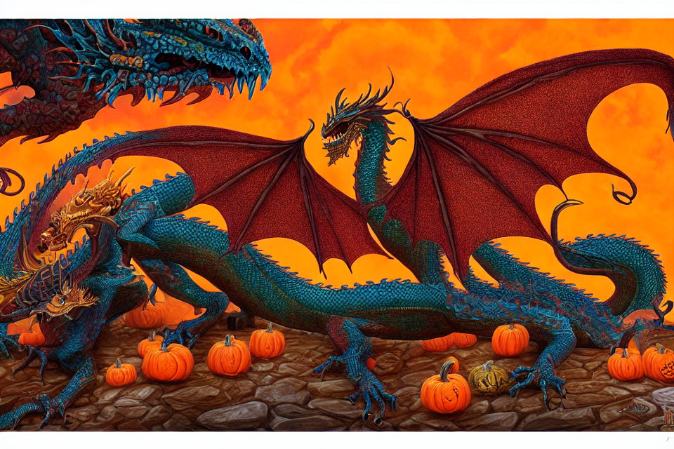 Ornate Blue Dragons with Pumpkins in Autumnal Setting