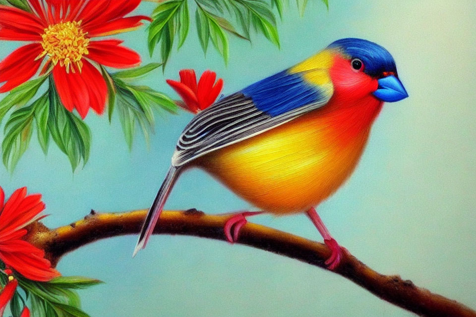 Colorful bird perched on branch with red flowers and green leaves