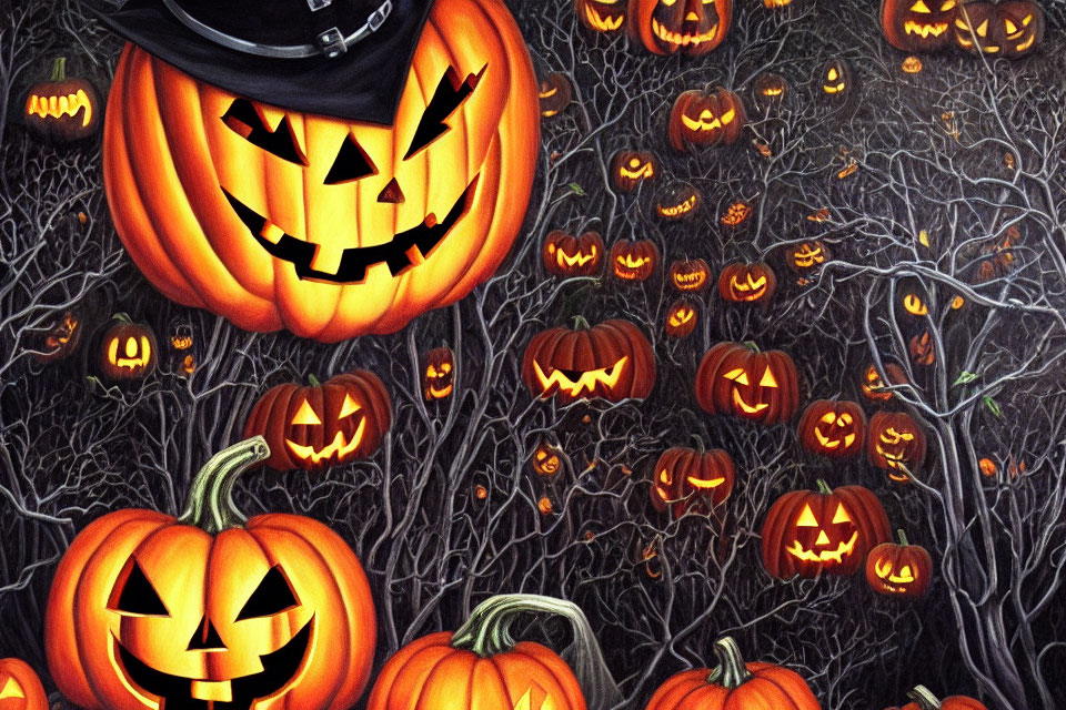 Illustration of Glowing Jack-o'-lanterns in Spooky Halloween Scene