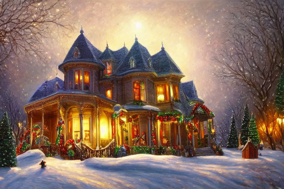 Victorian-style house with Christmas lights in snowy evening scene