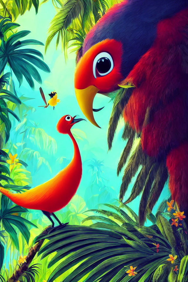 Colorful Tropical Jungle Scene with Red and Orange Birds