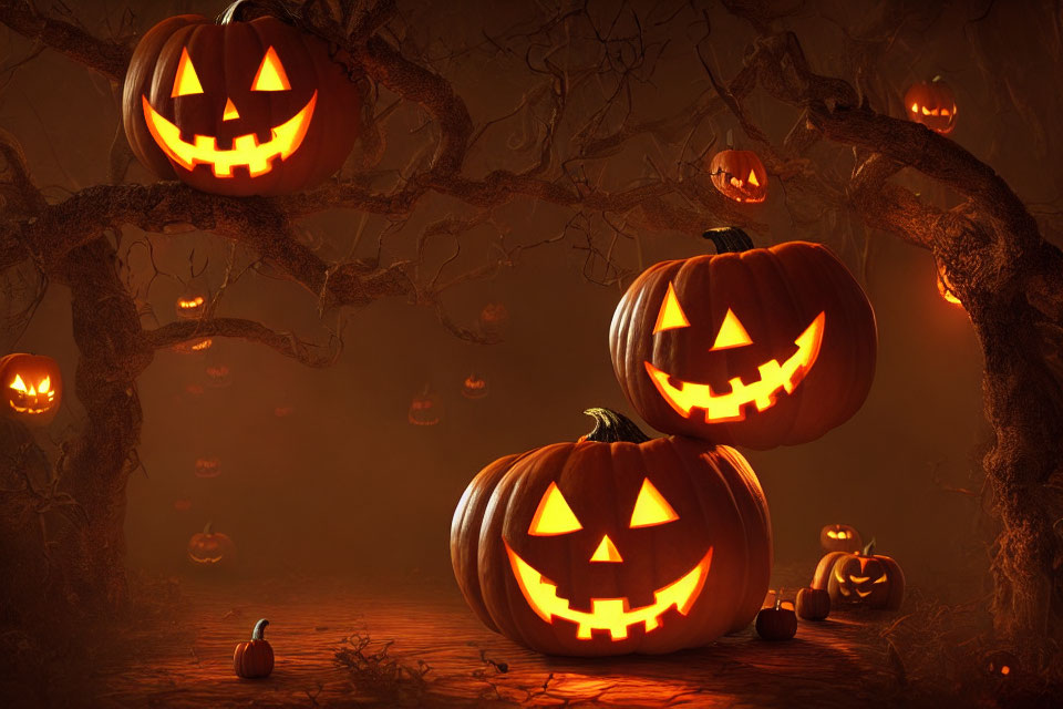 Glowing Jack-o'-lanterns on eerie Halloween backdrop