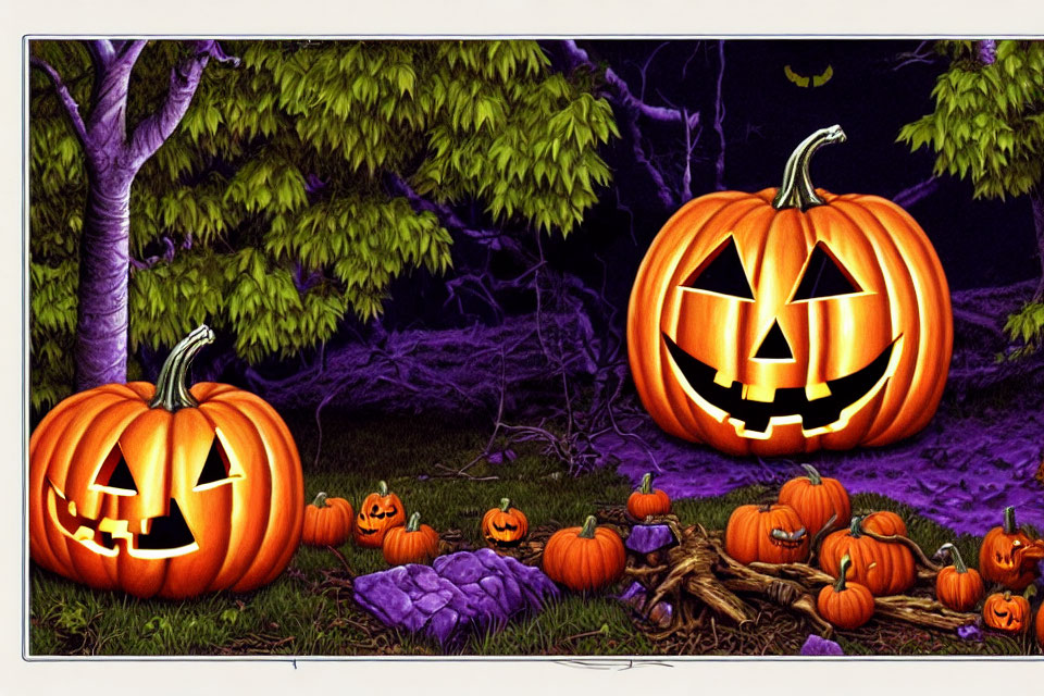 Glowing jack-o'-lanterns in spooky nighttime scene with bare tree and pumpkins