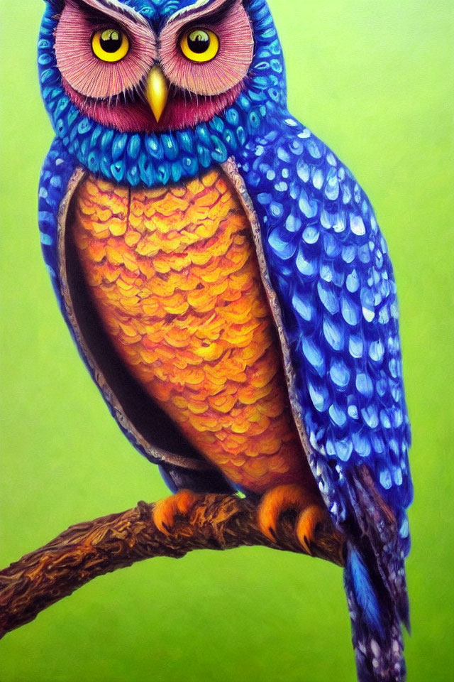 Colorful Owl Illustration with Blue Feathers and Orange Eyes on Branch