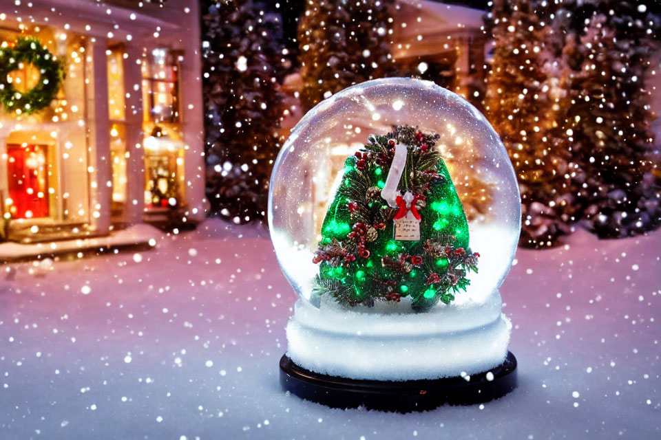 Snow globe with Christmas tree in snowy scene