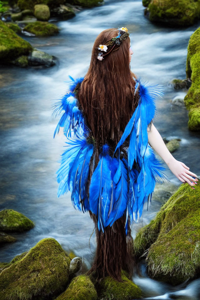 Person with Red Hair in Blue Feathered Costume Standing in Stream