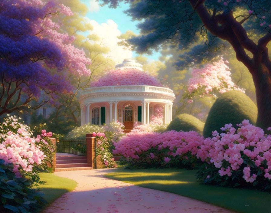 Tranquil garden scene with pink and purple flowers around a white gazebo