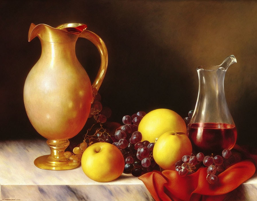 Golden pitcher, transparent jug, grapes, and apples in still life painting.