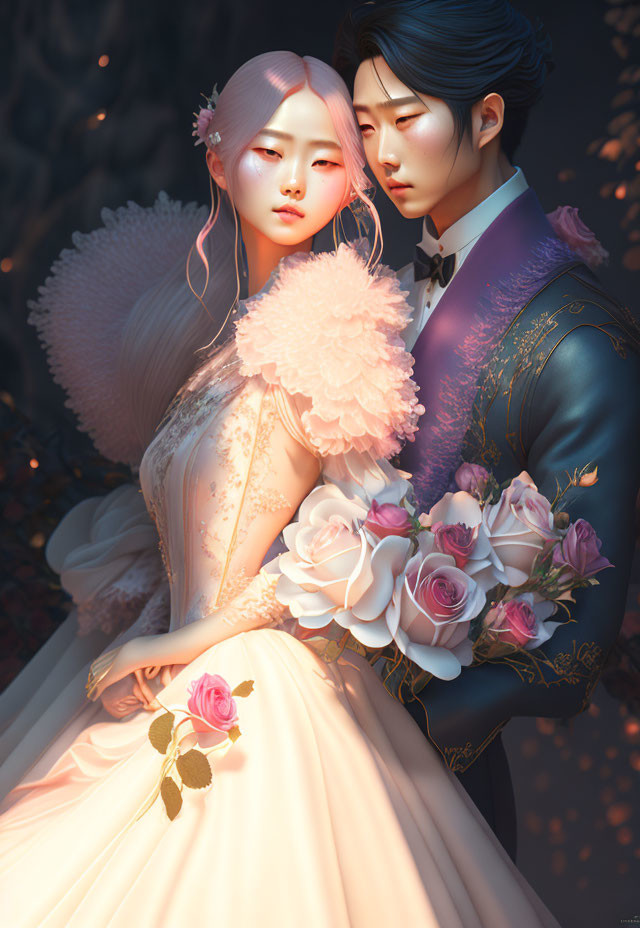 Romantic digital artwork featuring bride and groom in elegant attire