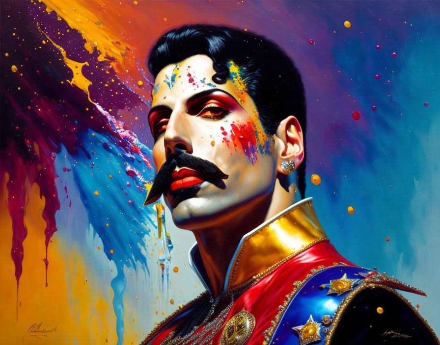 Vibrant artistic portrait of a person with mustache and paint splatters