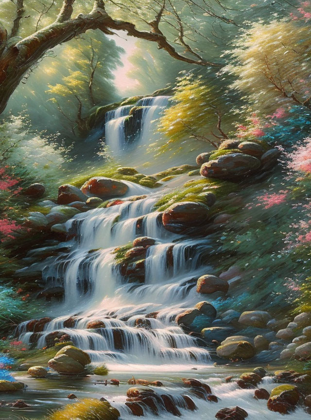 Tranquil waterfall over mossy rocks in vibrant forest landscape