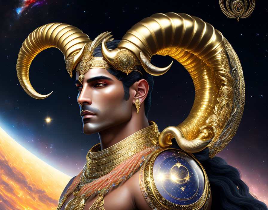 Regal male figure with golden ram horns and ornate armor in celestial fantasy illustration