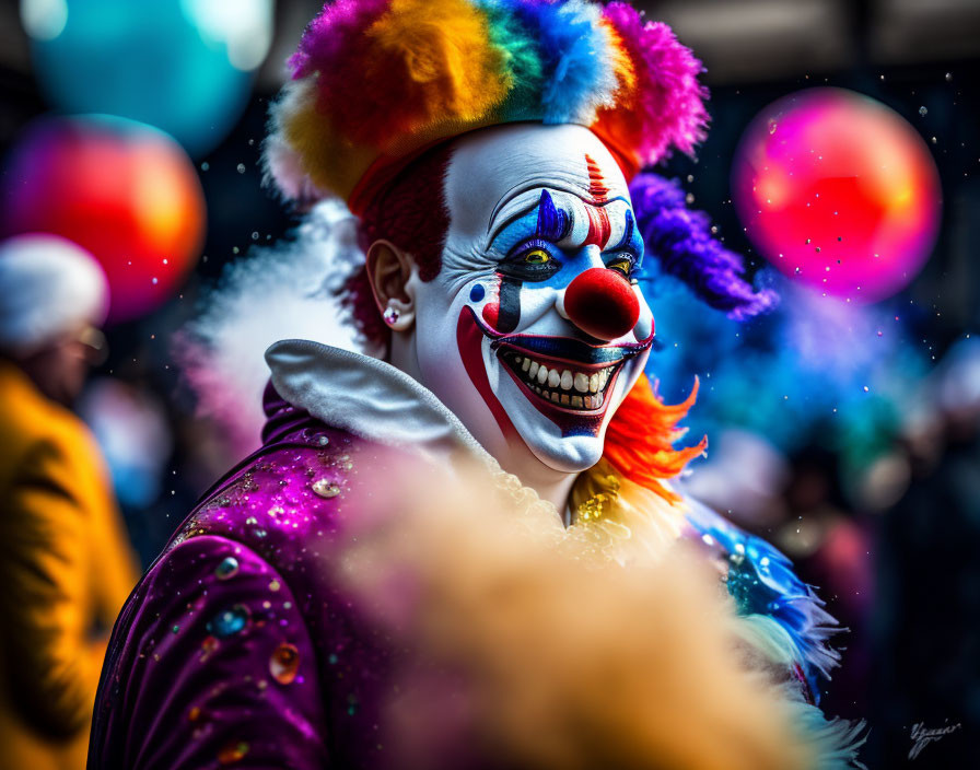 Colorful clown with vibrant hair and festive makeup at event with balloons and people.