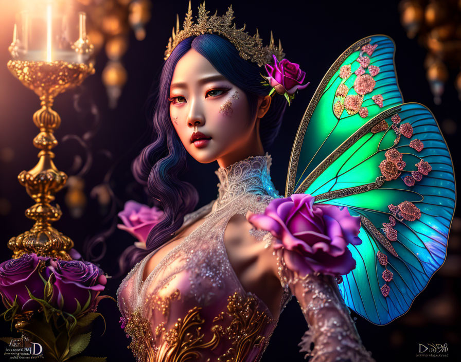 Woman with butterfly wings and crown holding candelabra in mystical digital art