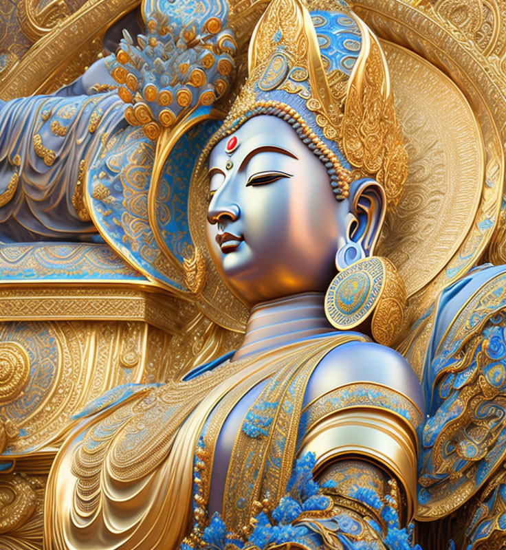 Colorful Multi-Armed Statue with Golden-Blue Ornamentation