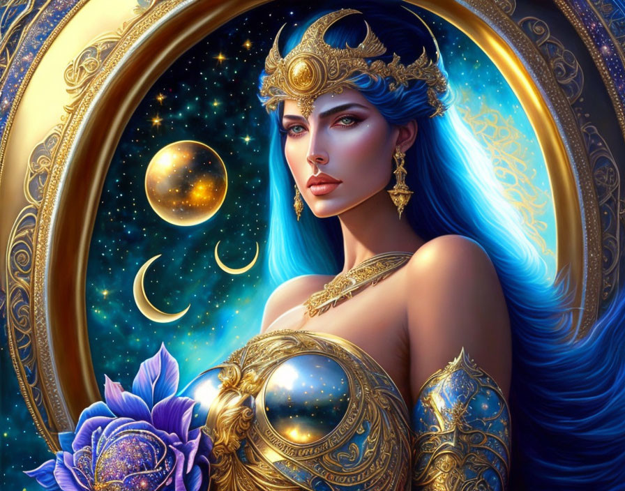 Illustrated Woman with Blue Hair and Golden Headdress on Cosmic Background