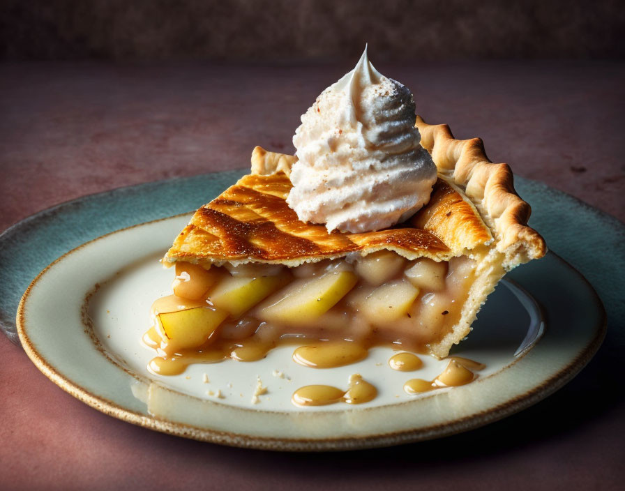 Freshly baked apple pie slice on blue plate with whipped cream and caramel drizzle