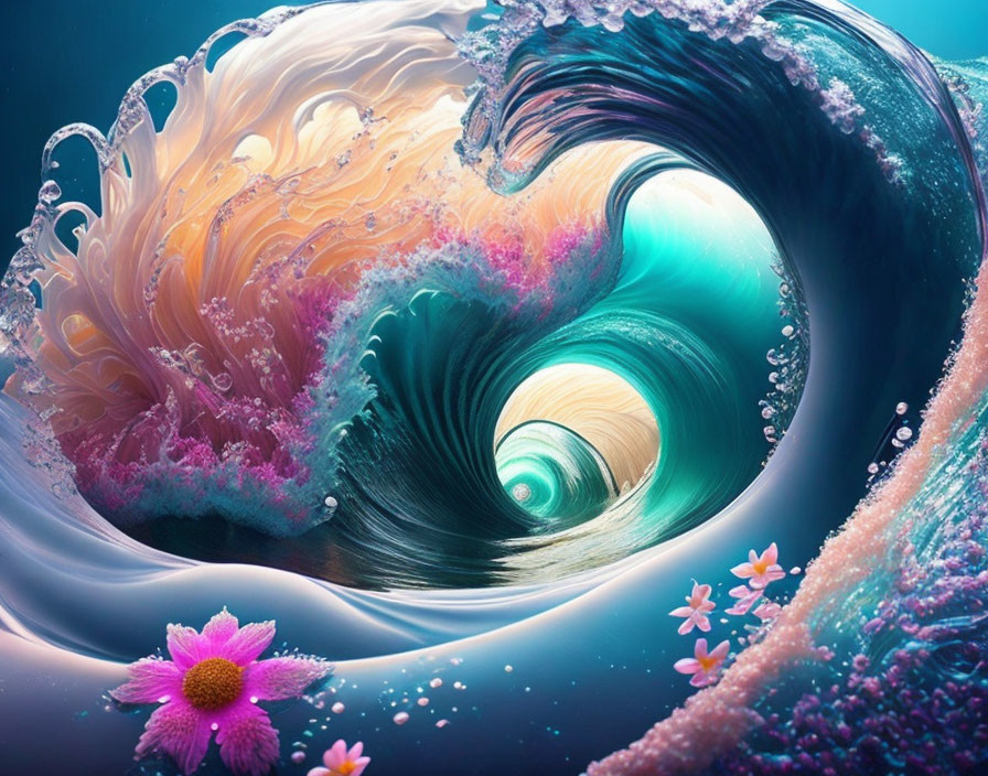 Colorful digital artwork: surreal wave with pink flowers and daisy.