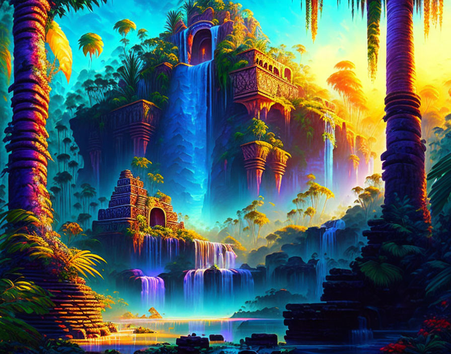 Fantasy landscape with lush vegetation, waterfalls, ancient temple, mystical bridge