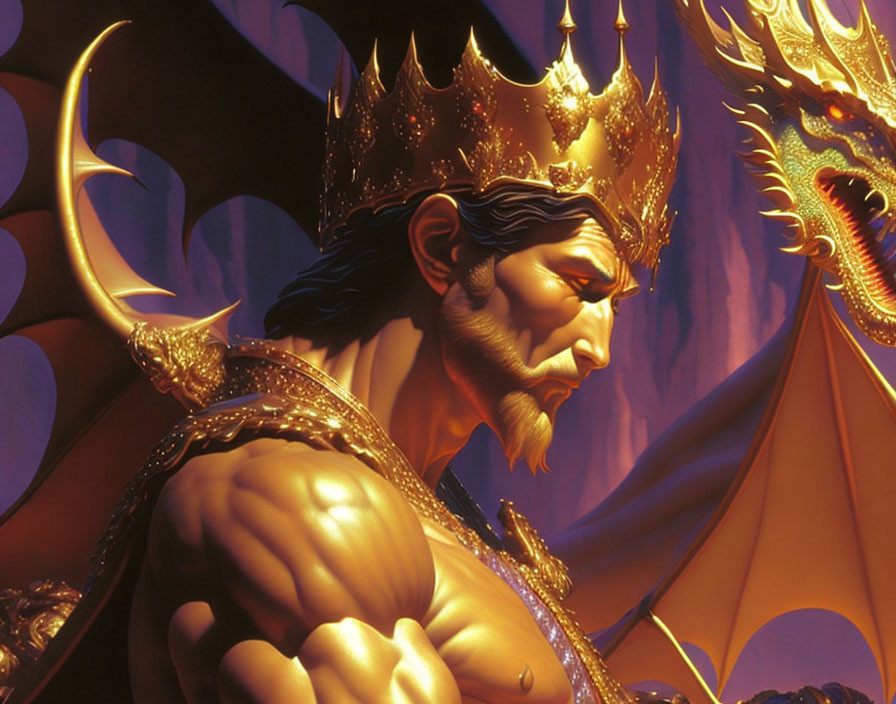 Muscular King in Golden Armor with Crown by Purple Dragon Tent