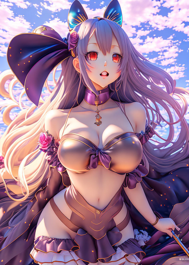 Long-haired female character with big eyes in bow and choker against pink and purple sky