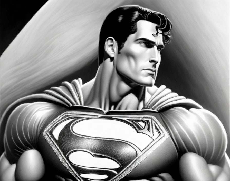 Muscular superhero in black and white with 'S' emblem and cape