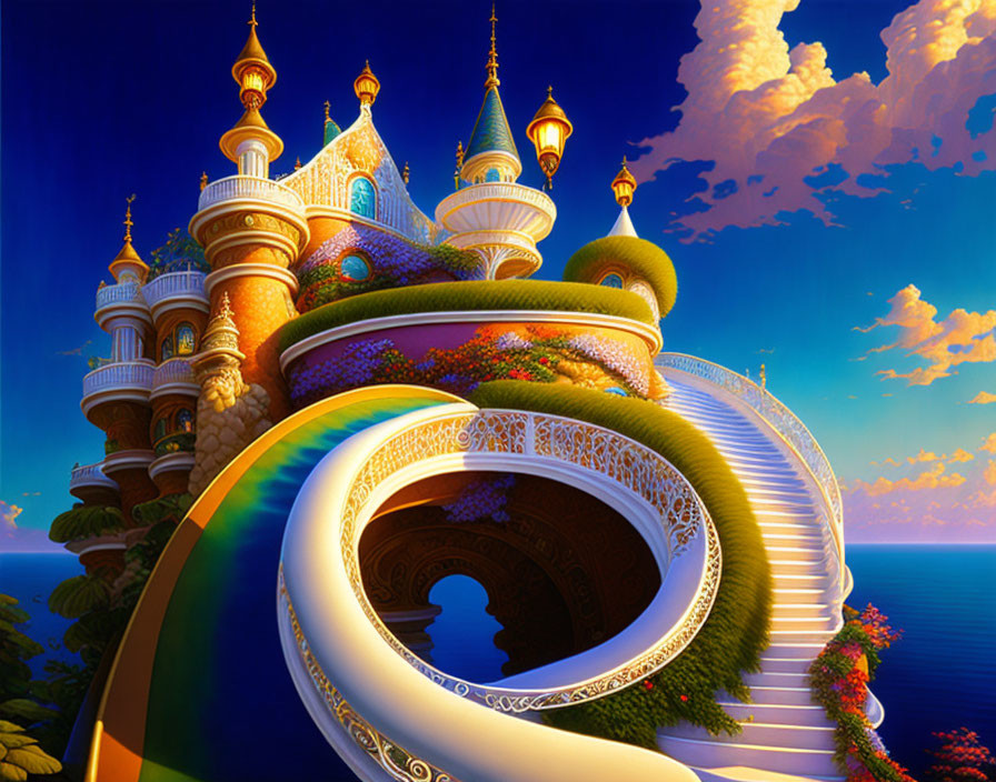 Fantastical palace with onion domes and spiraling staircase at sunset