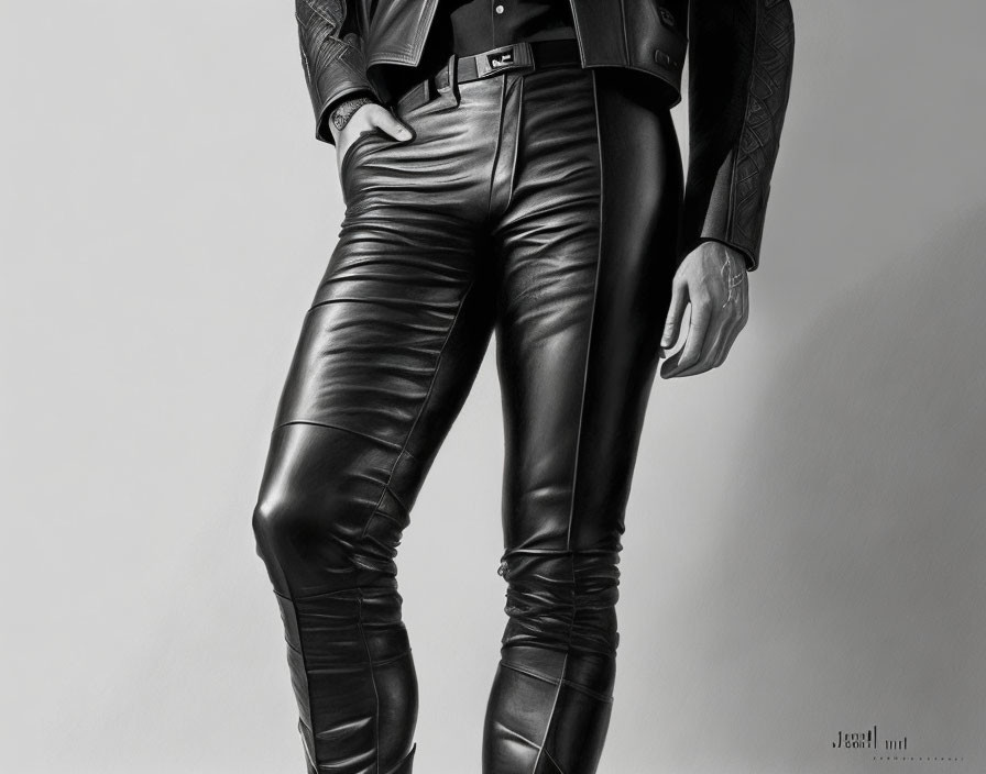 Person in Black Leather Pants and Jacket with Left Hand in Pocket on Grey Background