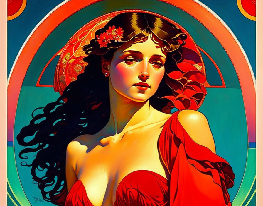 Woman with Black Hair and Red Flowers in Red Garment and Golden Halo