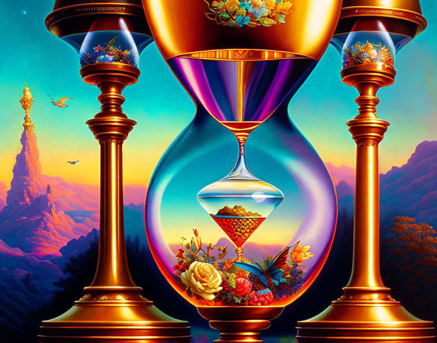 Intricate Hourglass with Landscapes and Floating Elements on Blue and Orange Background