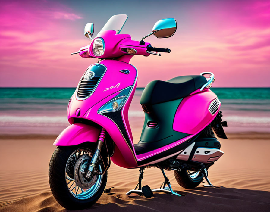 Pink scooter parked on sandy beach with serene sea and twilight sky